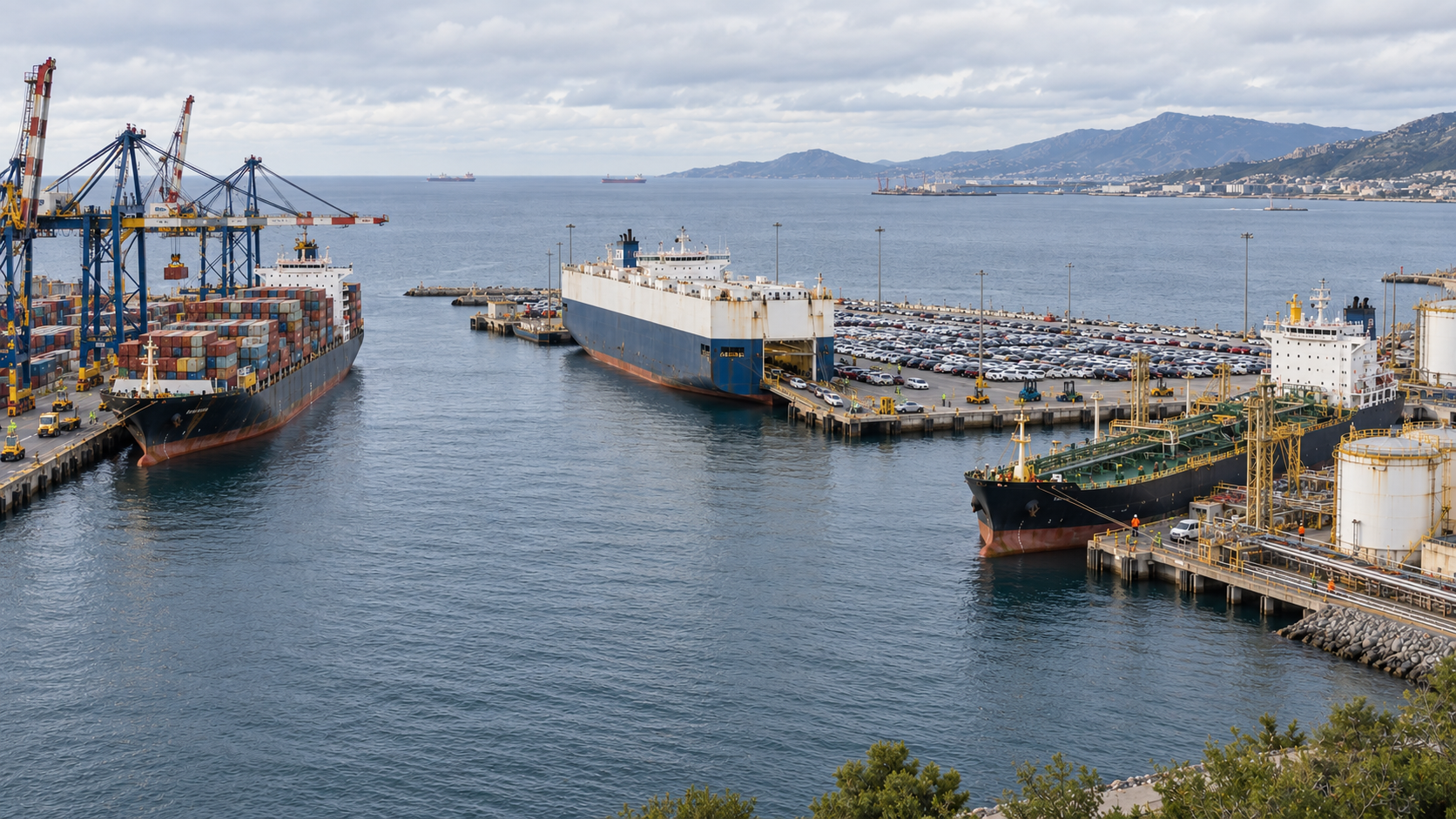 Illustrative vessels at a marine freight terminal
