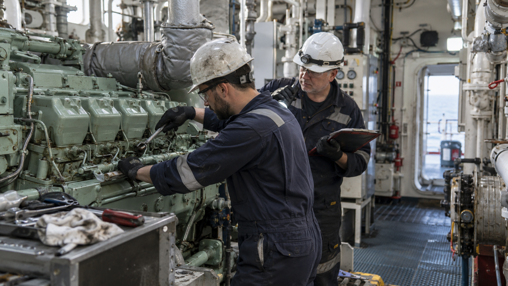 Illustrative marine mechanics inspecting a vessel engine