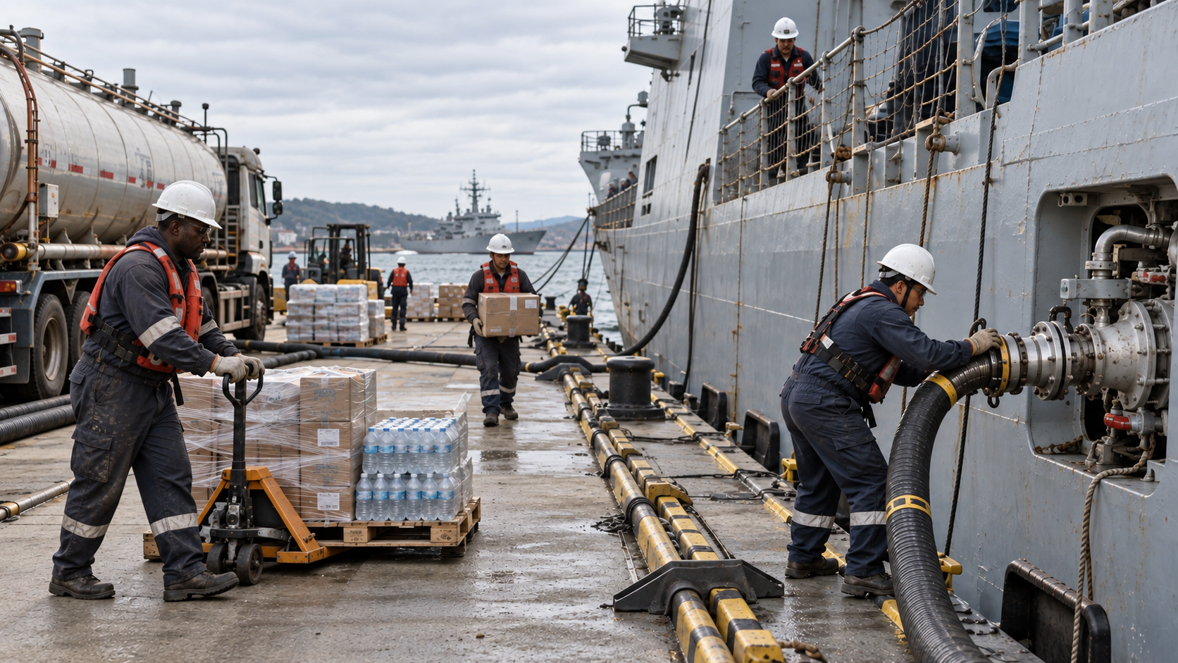 Illustrative vessel cleaning, refueling and resupply support