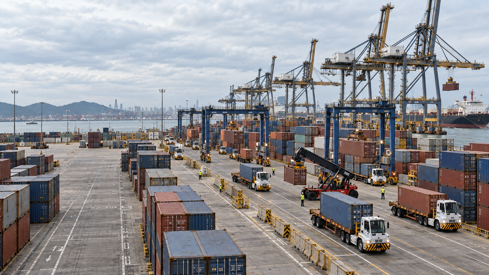 Illustrative marine terminal with quay cranes, container stacks and cargo handling equipment in natural daylight