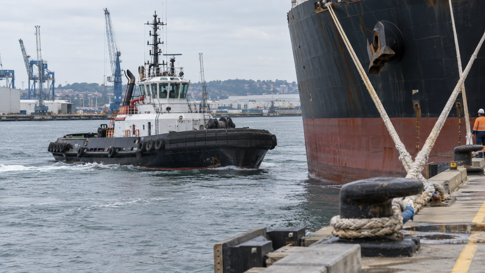 Illustrative tug assisting a vessel at port