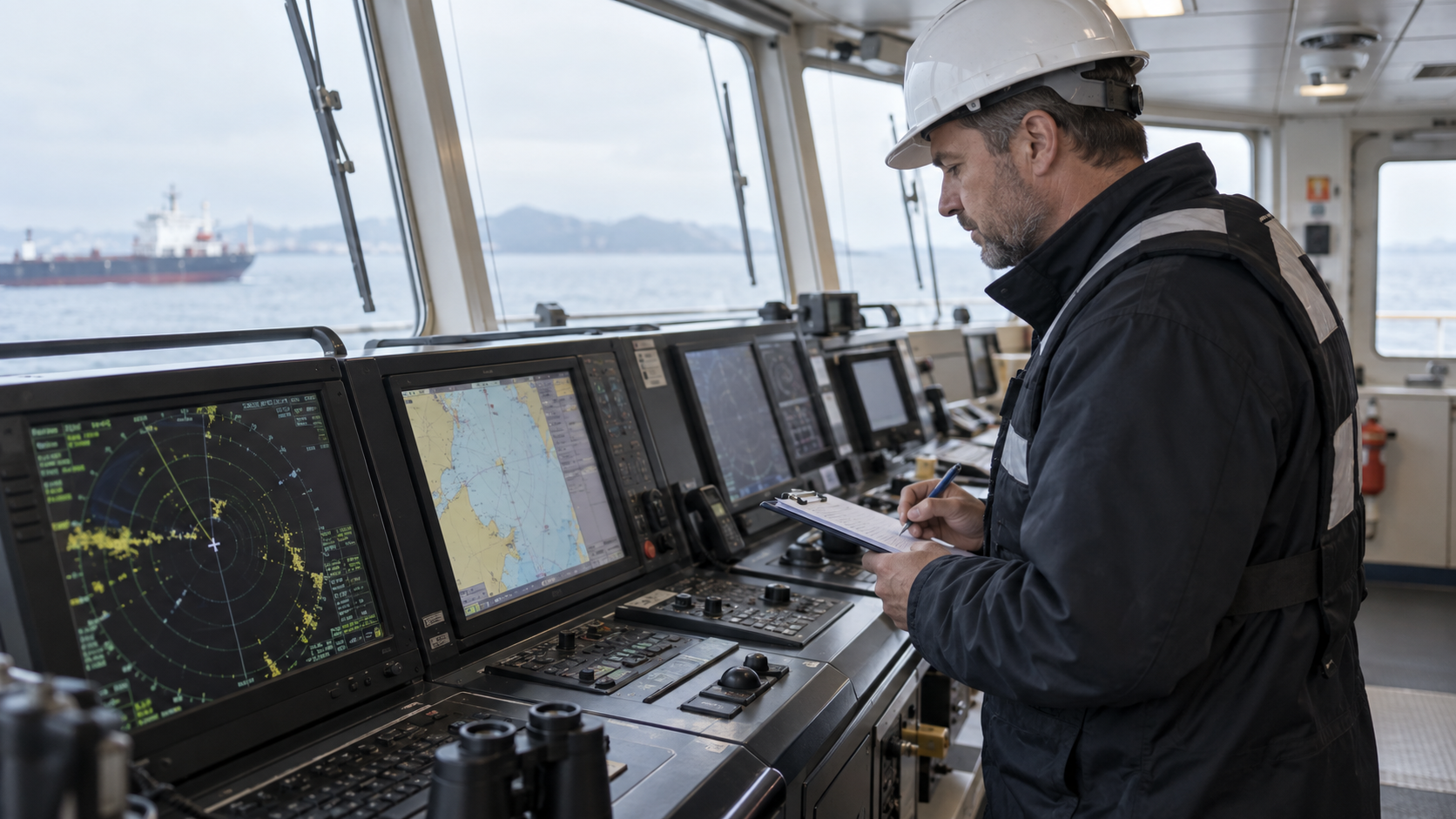 Illustrative marine surveyor inspecting bridge navigation equipment